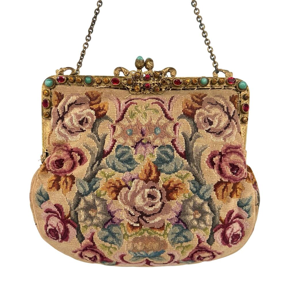 vintage petit point purse intricate floral tapestry and brass frame clutch - Picture 10 of 12